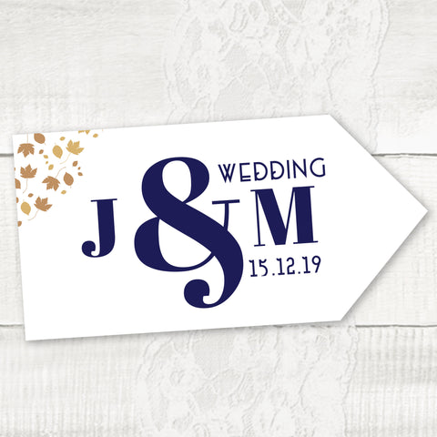 Wedding Road Signs used for directing guests to your wedding. This one is in an autumnal theme in golds and navy on a white background, available as left or right pointing or can be made double sided