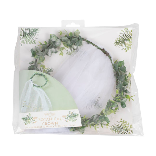 Eucalyptus Bride to be Crown and white veil. Bride to be is in a gold foiled design, perfect for a greenery-theme bridal shower, in its packaging