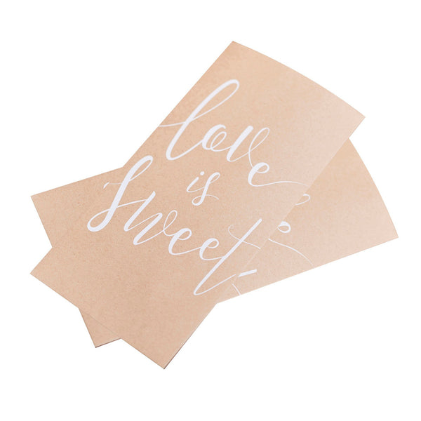 Kraft Treat Bags perfect for wedding favour sweet tables and for your guests to take some goodies away! Pack includes 20 paper party bags with Love is Sweet printed on the front.