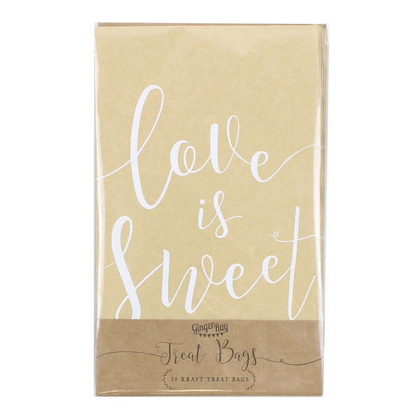 Kraft Treat Bags perfect for wedding favour sweet tables and for your guests to take some goodies away! Pack includes 20 paper party bags with Love is Sweet printed on the front.