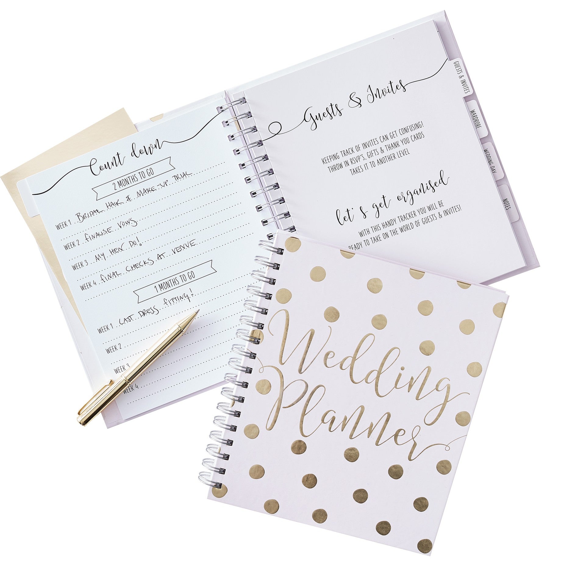Pale pink and Gold foiled polka dot spiral bound wedding planner book, containing different sections for guest lists, budgets etc. all separated by dividers