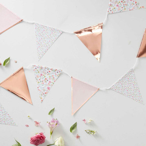 Pretty Rose gold and floral patterned bunting, a perfect addition to your party decorations