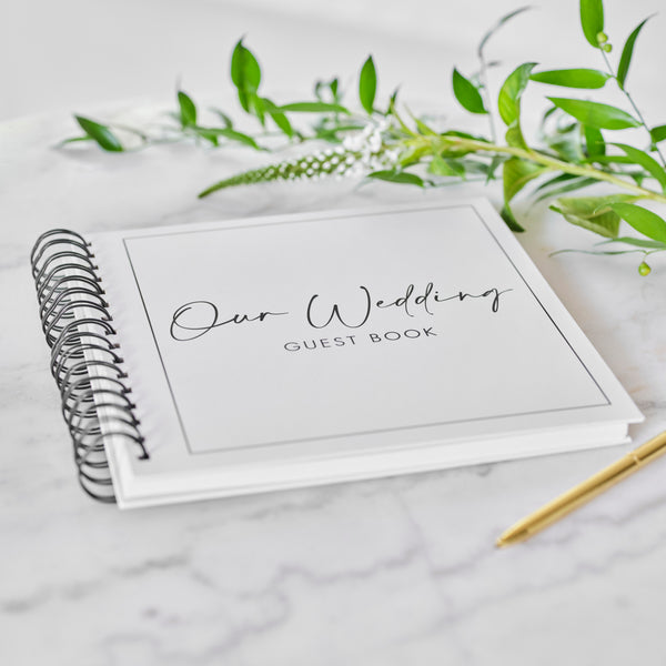 Black and White wire bound guest book, would suit a minimalist or contemporary theme. The book has 32 blank pages