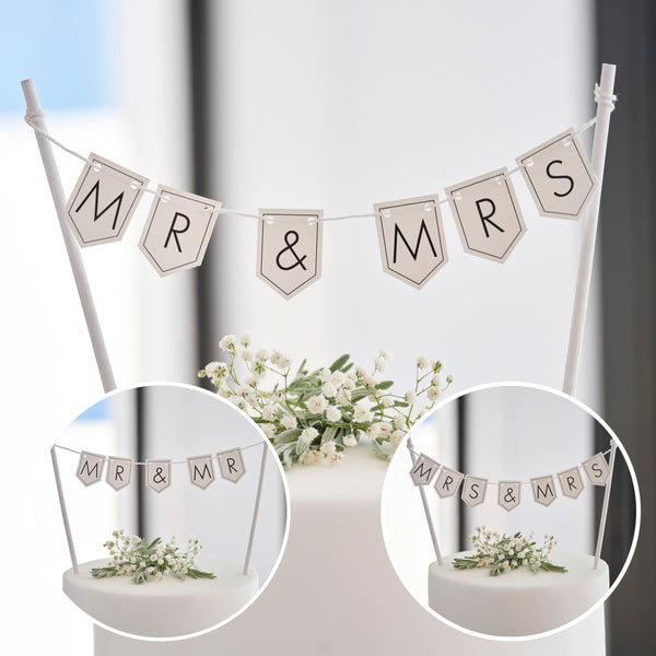 Customisable cake bunting, Mr & Mrs, Mr & Mr or Mrs & Mrs, in a contemporary black and white style