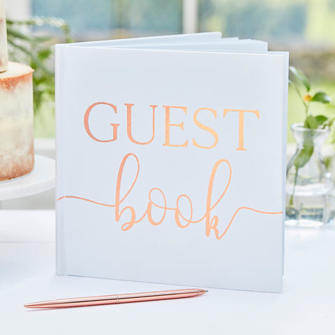 White and Gold foiled guest book,  measures 22cm x 22cm and has 32 blank pages for your guests to write their messages for you on your special day. Why not add a matching pen from our range of guestbook pens