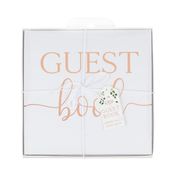 White and Gold foiled guest book,  measures 22cm x 22cm and has 32 blank pages for your guests to write their messages for you on your special day. Why not add a matching pen from our range of guestbook pens. would also suit a copper colour theme.