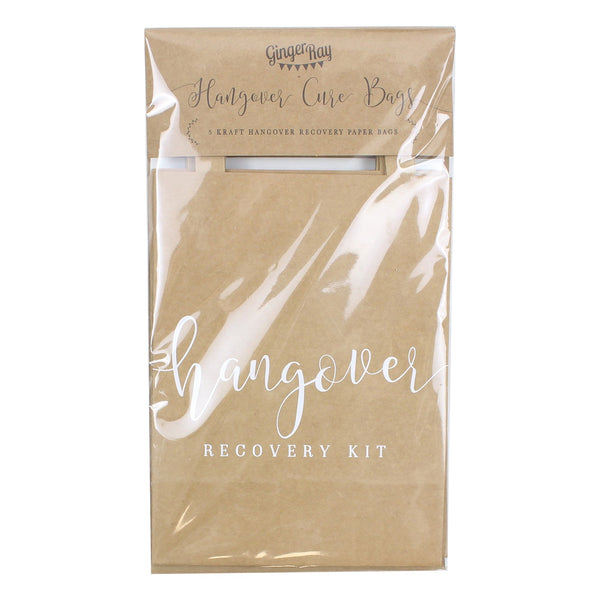 Kraft brown paper bags used for holding items you think might help cure the hangover after the celebrations, the words Hangover recovery kit is printed on the bag in white