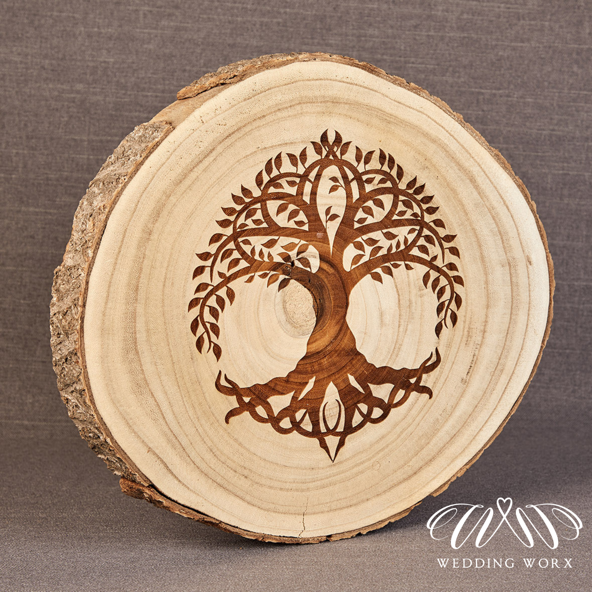 Laser engraved rustic wood slice with Tree of life design
