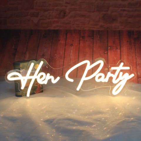 The image shows a "Hen Party" LED neon sign, commonly used for decorations and photo props. Could be used as shop or venue signage too as part of POS display.