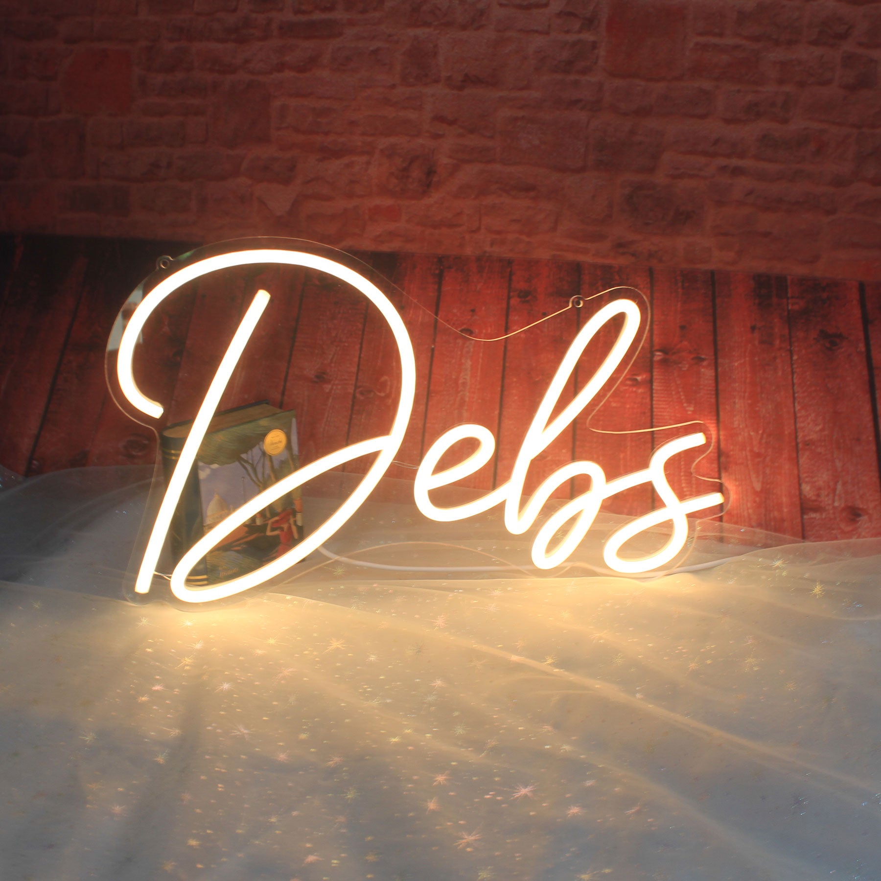 The image shows a custom LED neon sign spelling out the name "Debs." These types of signs are popular for various uses, including home decor, retail shop props and social events.