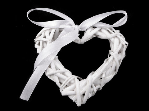Small white wicker heart with hoop for hanging, and satin bow to finish off the look. size is 100x100mm approx