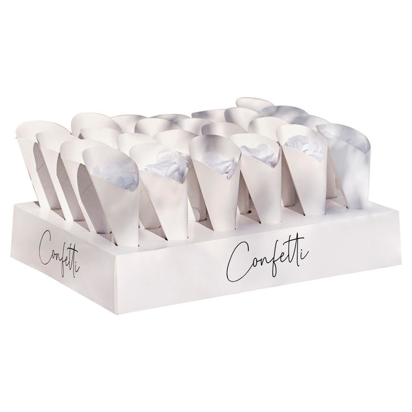Stylish confetti-cone tray in white card with white tissue confetti, this product is biodegradable, available from weddingworx.ie