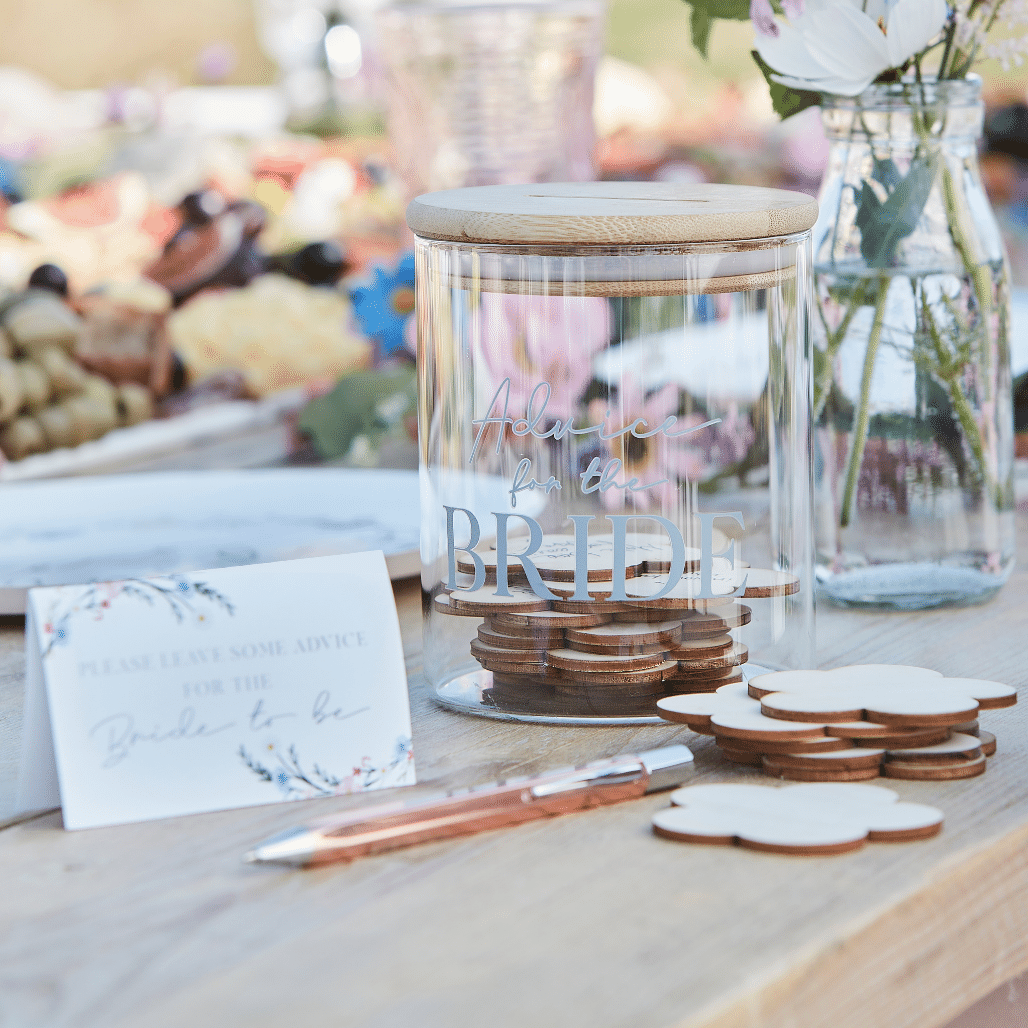 For the Hen party or Bridal Shower, Alternative Guestbook Advice for the Bride Message jar, write a message for the Bride to be on one of the wooden flowers