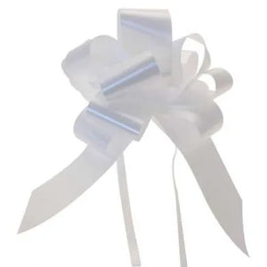 White poly pull bow made from 50mm poly ribbon, perfect for decorating wedding cars and pew ends