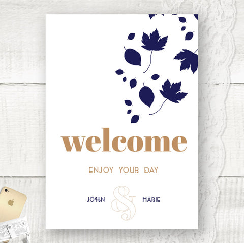 Welcome to our Wedding Sign in an autumn themed design, colours are Navy and gold on white background