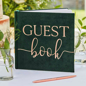 Dark Green Velvet and Gold Foiled wedding guest book, perfect for botanical themed weddings