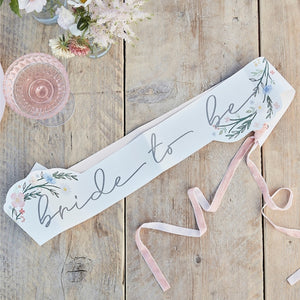 Floral Bride-to-Be Sash for Hen Parties and Bridal Showers, Floral Sash with pink velvet ribbon. Thread the ribbon through the holes on the sash and tie to suit - so One size fits all.