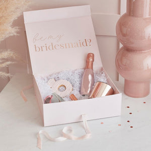 Rose Gold Foiled Bridesmaids proposal box, fill with small gifts for your bridesmaids, "Will you" on the front of the box and "be my Bridesmaid" on the inside of the lid