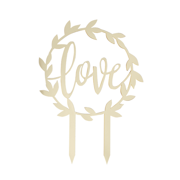 Gold Acrylic Cake Topper, circular wreath design in a rustic style. Wording reads Love in an elegant script font