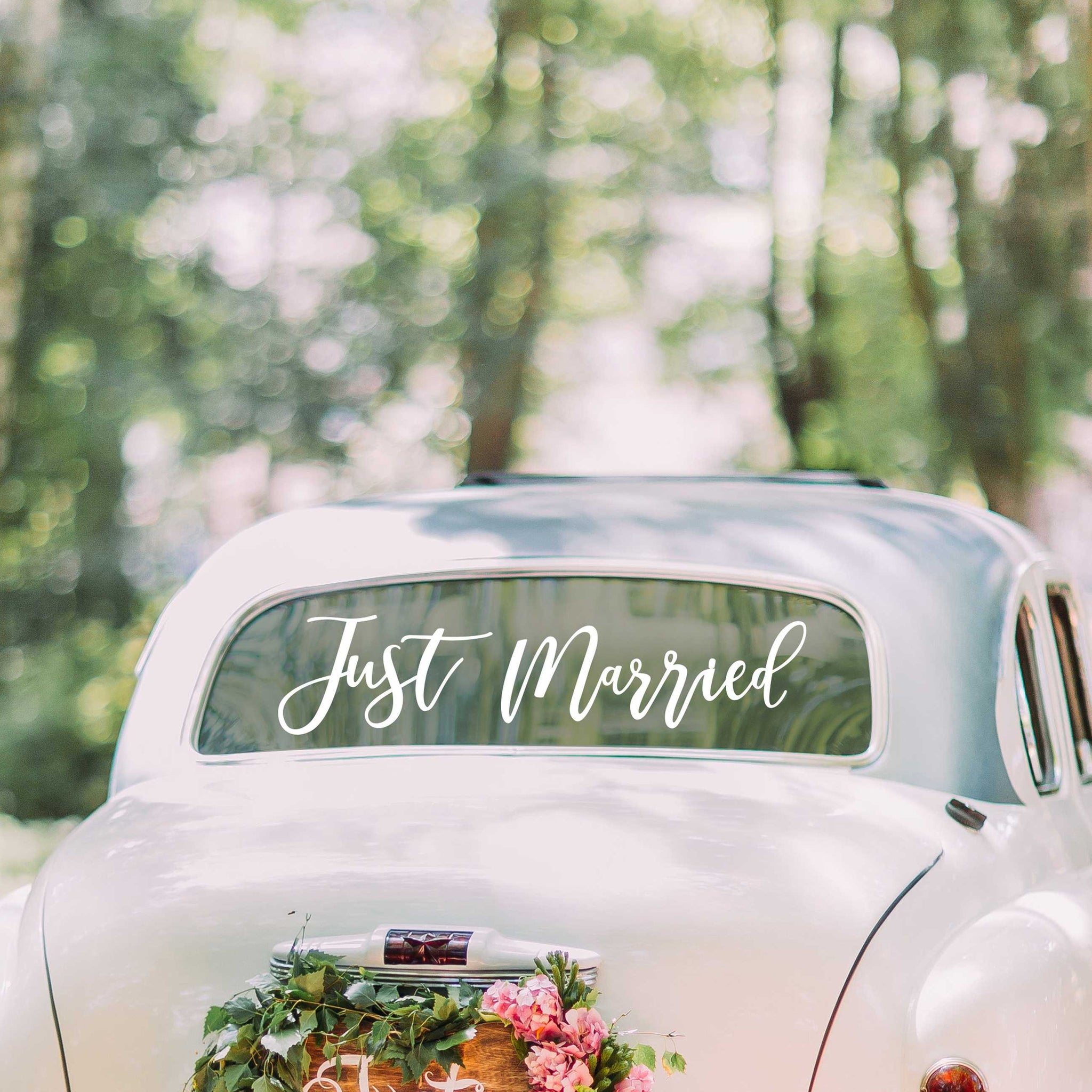 Just Married wedding car window sticker, white sticker that can be easily removed.