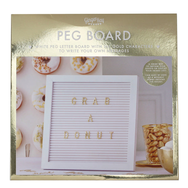 White and Gold Letter pegboard, in its packaging. Great for making your own signs and lists, use for weddings and parties or as a home noticeboard