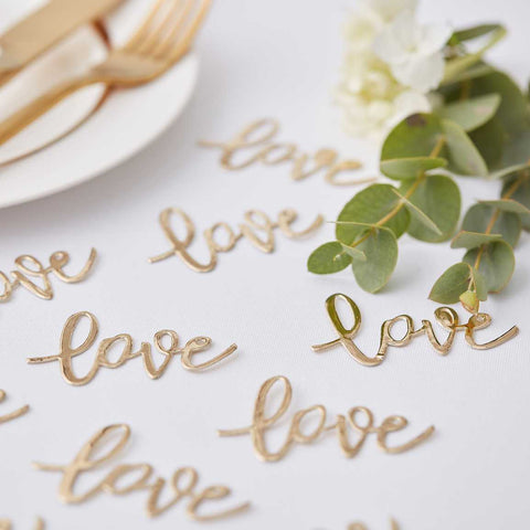 Gold Foiled "Love" Table Confetti, Scatter our love wedding confetti over tables and sprinkle in place settings to make your celebrations unforgettable.   Your guests will love this adorable detail that will fill the room with love!