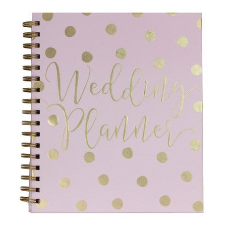 Pale pink and Gold foiled polka dot spiral bound wedding planner book. Inside contains different sections for guest lists, budgets etc. separated by dividers
