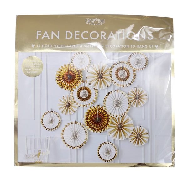 Gold Paper Fan Decorations Backdrop Kit inside it's packaging