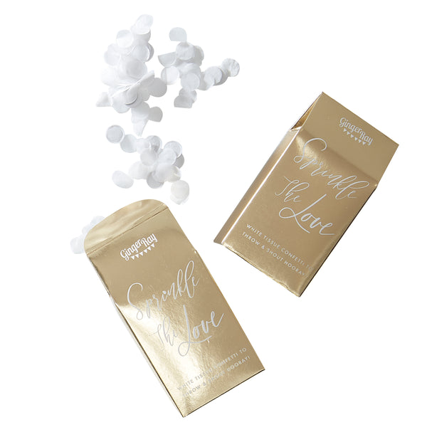 Crisp white biodegradable paper confetti, beautifully presented in gold foiled boxes