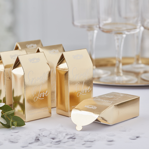 Crisp white biodegradable confetti beautifully packaged in little gold foiled boxes, perfect size to fit in a purse or pocket