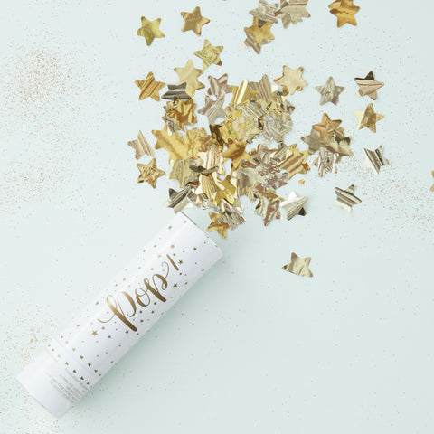 Confetti cannon, releases metalic gold foil stars into the air, perfect for birthdays, weddings and more