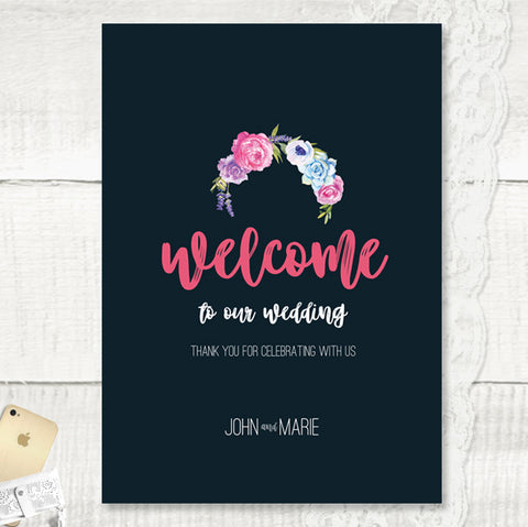Personalised Welcome Wedding Sign Navy Colour Scheme