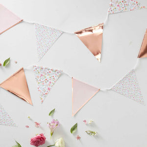 Pretty Rose gold and floral patterned bunting, a perfect addition to your party decorations