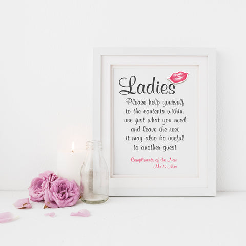 Printable Wedding Venue Sign for Ladies Toiletries, designed to suit 8x10 inch picture frame. Design style is Plain background Black Text, red lips graphic, non customisable. Digital download for you to print and trim at home