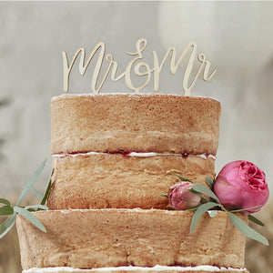Same Sex Wedding Cake Topper in rustic wood, wording reads Mr & Mr in a beautiful script font style.